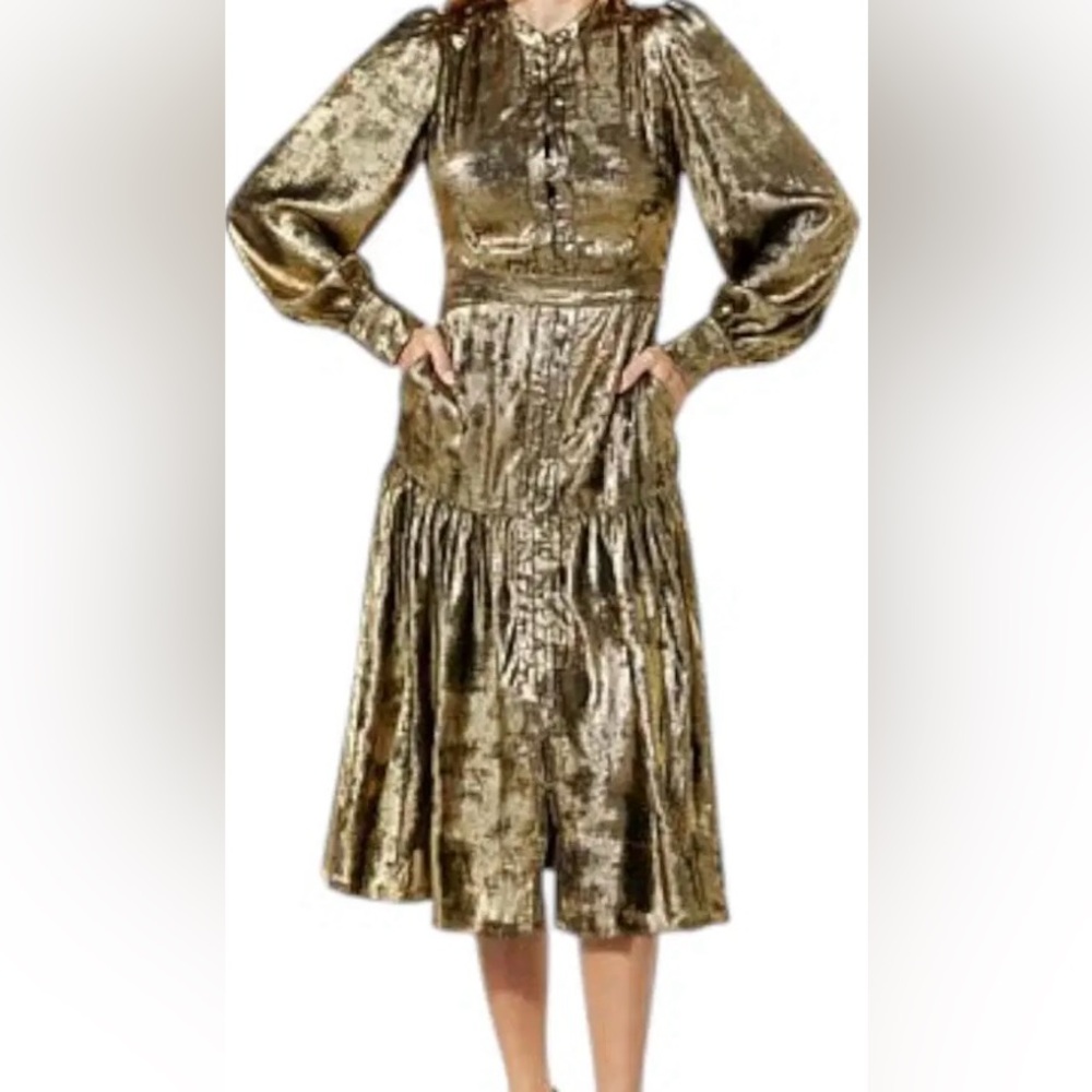 La Joie Women's Gold Button-Front Tiered Midi Dress
